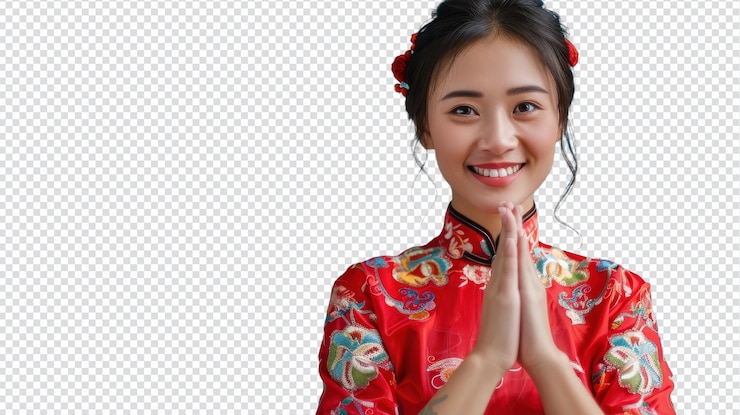 PSD una joven asiática sonriente gestando una bienvenida tradicional perfecta para temas culturales y de hospitalidad