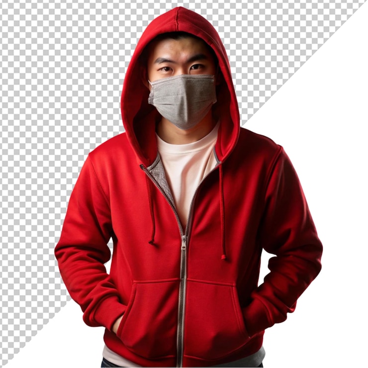 PSD joven asiático con capucha y máscara sobre un fondo transparente