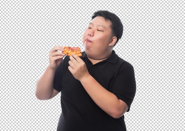 Joven asiático gordo y gracioso con un archivo psd de pizza