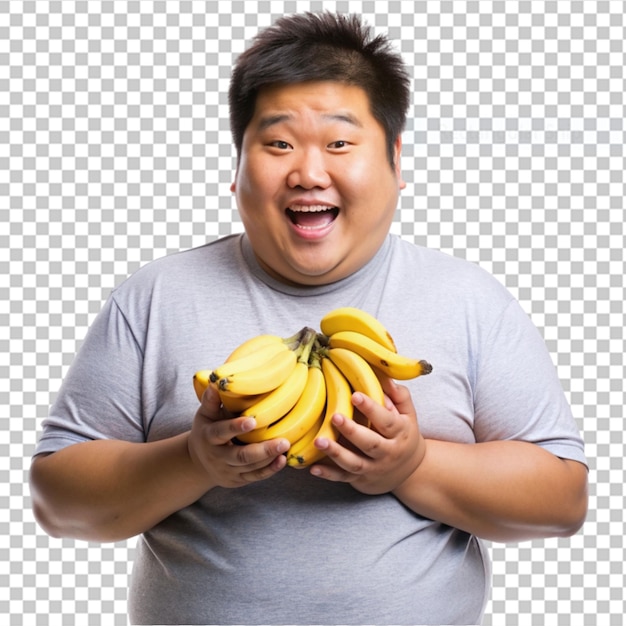 PSD joven asiático gracioso gordo hombre deportivo con plátanos en fondo transparente