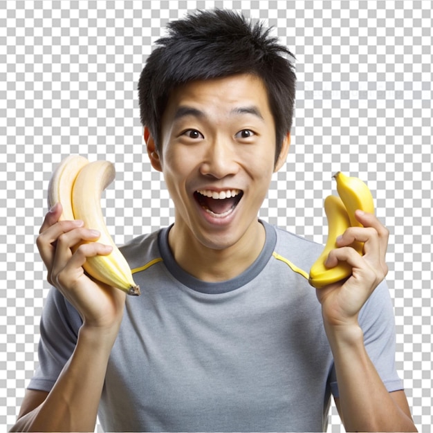 PSD joven asiático gracioso gordo hombre deportivo con plátanos en fondo transparente