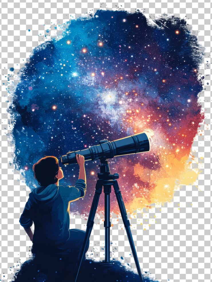 PSD joven astrónomo con un telescopio aislado sobre un fondo transparente
