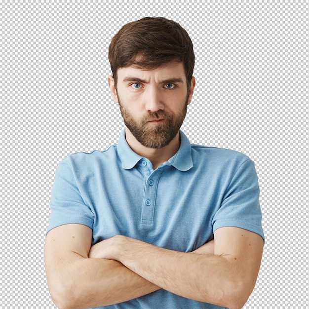 Un joven barbudo y malhumorado posando