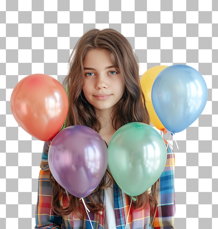 PSD joven y bonita chica morena con globos en un fondo transparente
