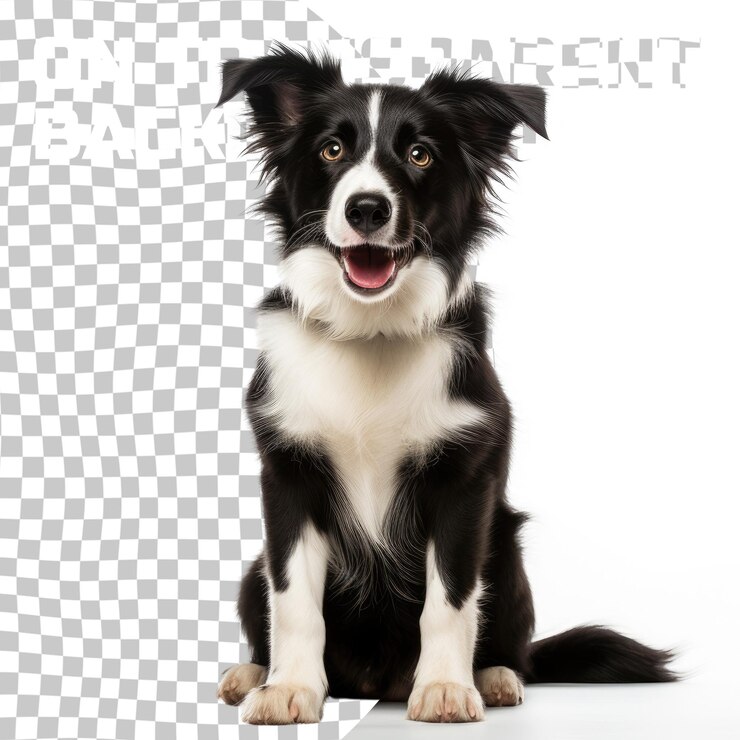 PSD un joven border collie negro y transparente jadeando sentado y mirando hacia arriba de un año de edad aislado en transparente
