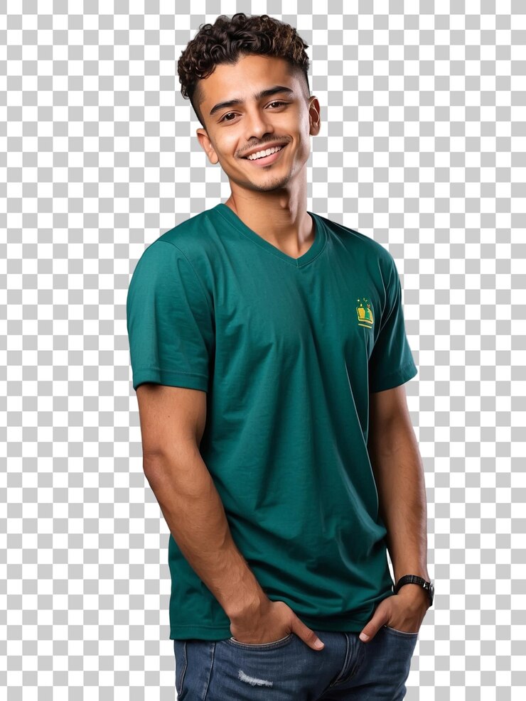 PSD un joven brasileño de pie sobre un fondo blanco aislado con una sonrisa feliz y fría