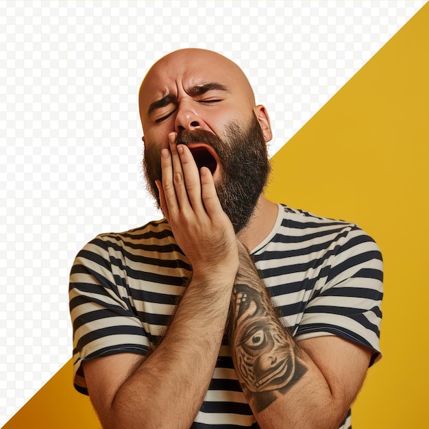 PSD joven calvo con barba que usa una camiseta a rayas casual sobre un fondo amarillo aislado aislado bostezando cansado cubriendo la mitad de la cara ojo y boca con la mano la cara duele de dolor