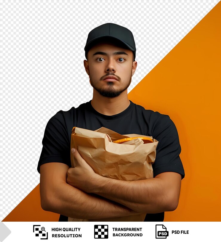 PSD joven con camisa negra y gorra sosteniendo una bolsa de papel contra un fondo naranja aislado