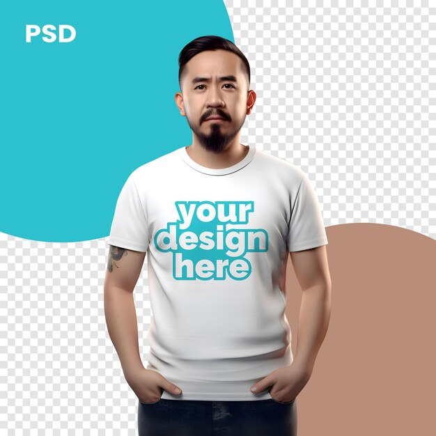 PSD joven con una camiseta blanca con el eslogan psd mockup