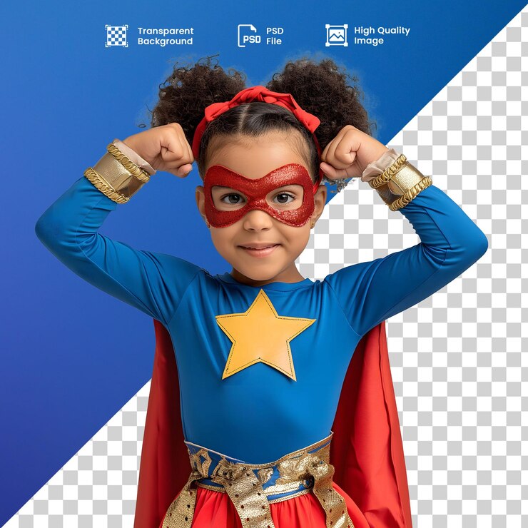 PSD una joven con una capa roja y una estrella amarilla está posando con las manos en alto