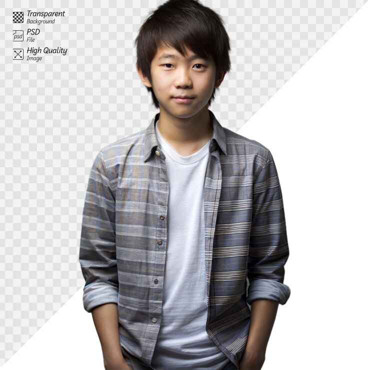 PSD joven casual con camisa a cuadros sobre un fondo transparente