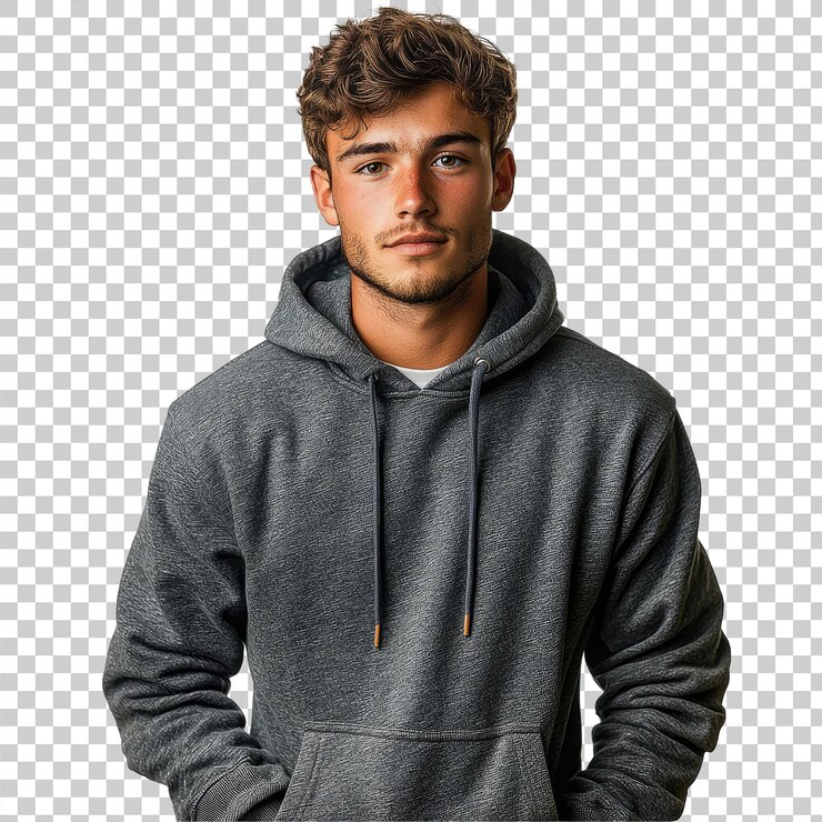 PSD un joven casual con una sudadera gris oscuro con capucha que parece confiado aislado en un fondo transparente