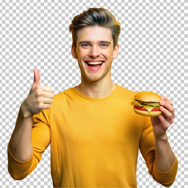 joven caucásico sosteniendo una hamburguesa en un fondo transparente