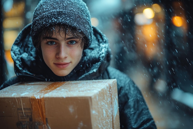 PSD un joven con una chaqueta negra y gorra sonríe mientras lleva una caja de cartón en la nieve
