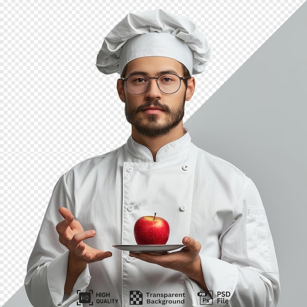 PSD joven chef aislado sin idea con gafas uniforme y gorra sosteniendo un plato de manzana mirando hacia el lado mostrando la mano vacía png psd