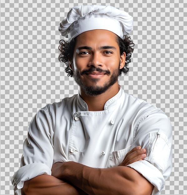 Joven chef brasileño en un fondo transparente aislado