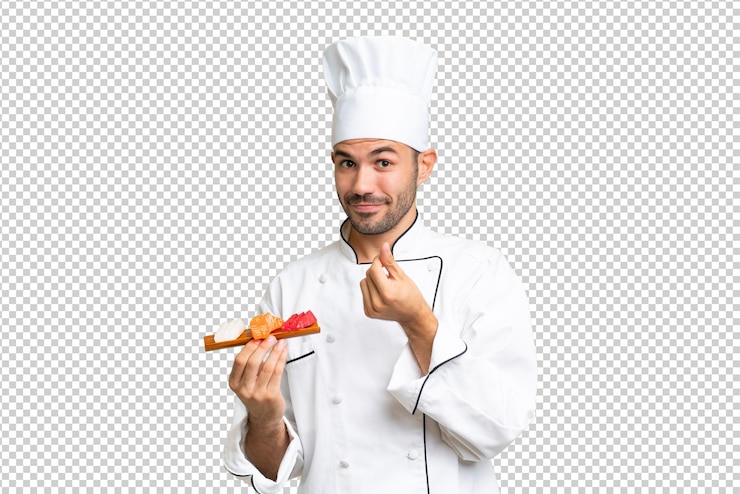 PSD joven chef caucásico sosteniendo un sushi sobre un fondo aislado haciendo gesto de dinero