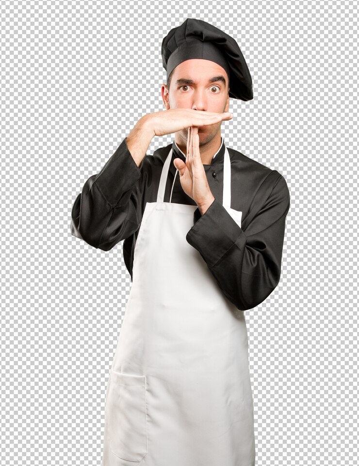 PSD joven chef haciendo un gesto de tiempo de descanso