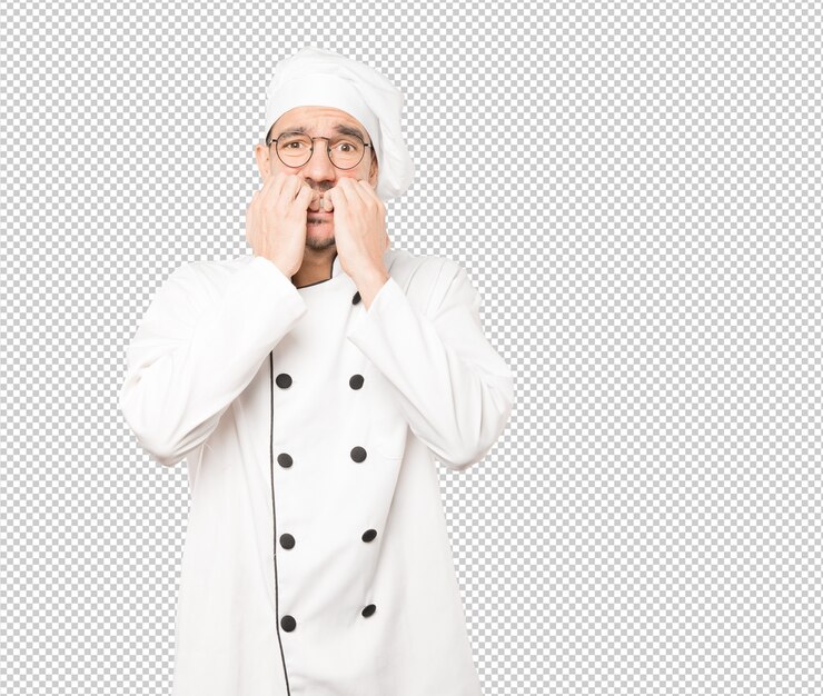 PSD joven chef loco haciendo un gesto nervioso