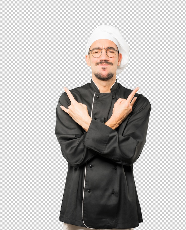 PSD joven chef travieso haciendo un gesto de rock