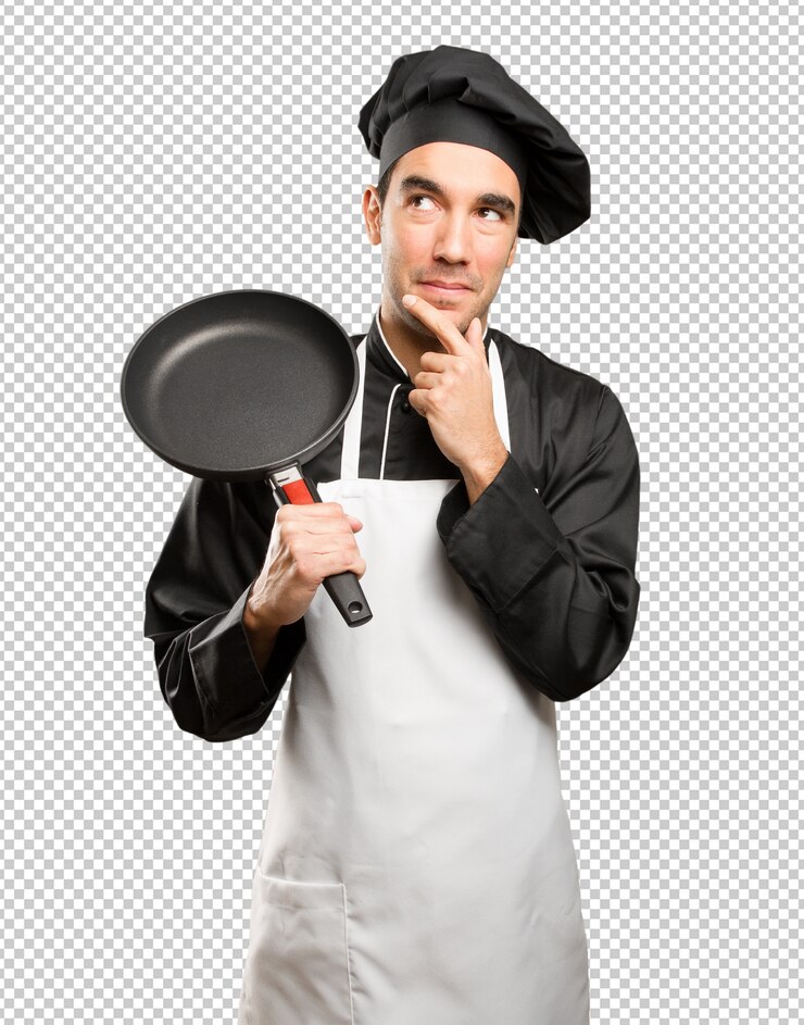 PSD joven chef utilizando un utensilio de cocina con un gesto de duda