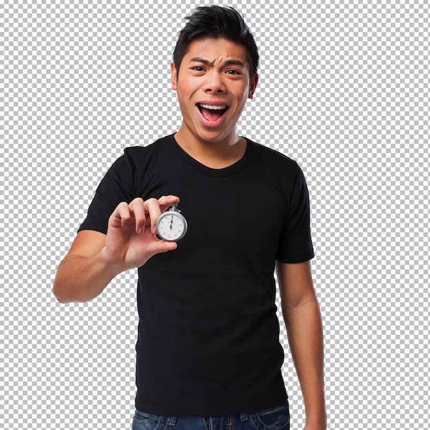 Joven chino con un cronómetro