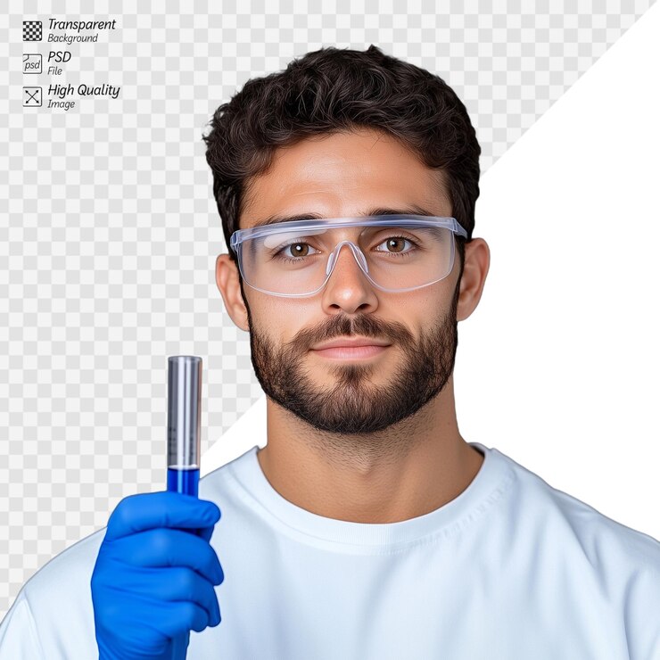 PSD joven científico con gafas de protección y guantes sosteniendo un bolígrafo de laboratorio con una confianza y enfoque