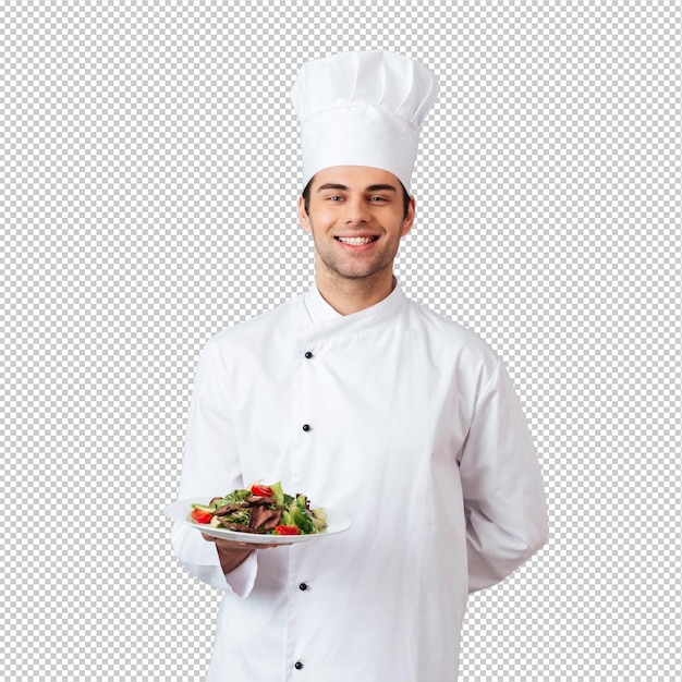 Joven cocinero feliz en uniforme con ensalada en la mano