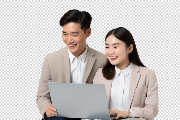 PSD joven compañero de trabajo asiático feliz sosteniendo y mirando la computadora portátil en aislado en un fondo transparente