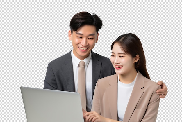 joven compañero de trabajo asiático feliz sosteniendo y mirando la computadora portátil en aislado en un fondo transparente