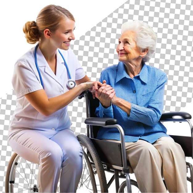Joven cuidador ayudando a un anciano en silla de ruedas sobre un fondo transparente