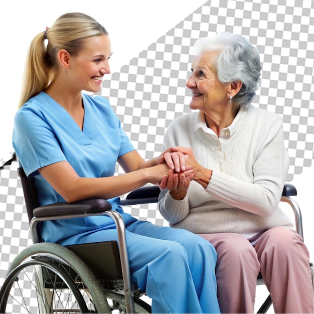 Joven cuidador ayudando a un anciano en silla de ruedas sobre un fondo transparente