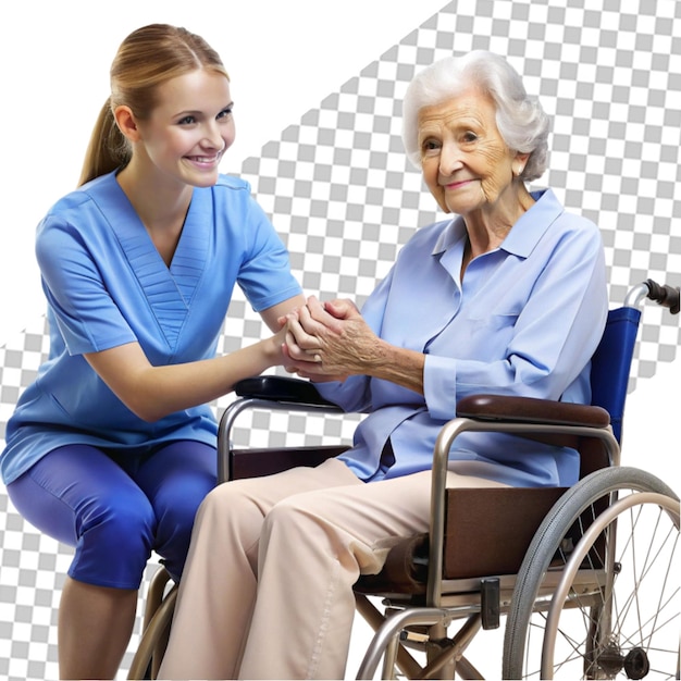 Joven cuidador ayudando a un anciano en silla de ruedas sobre un fondo transparente