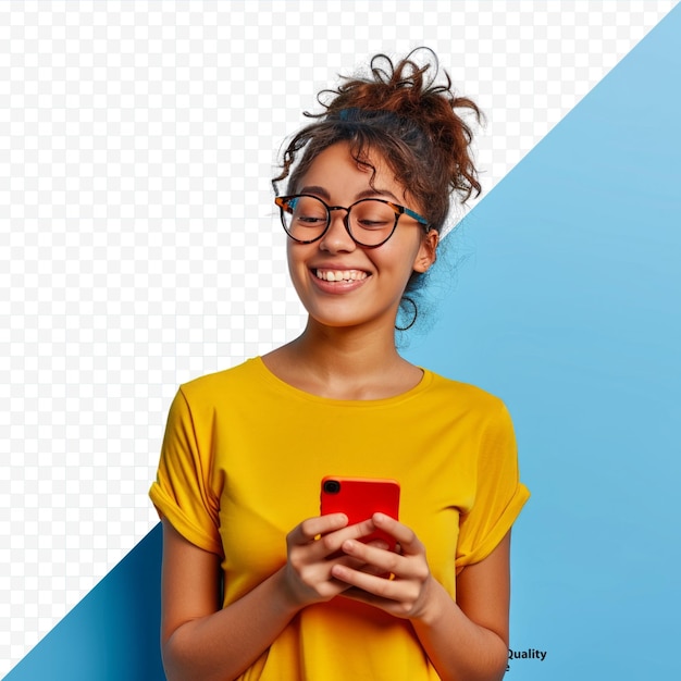 PSD joven curiosa sonriente feliz mujer latina bonita con teléfono móvil haciendo compras en línea en el móvil usando aplicaciones en el teléfono móvil mirando a un lado en el espacio de copia de pie aislado en azul fondo aislado