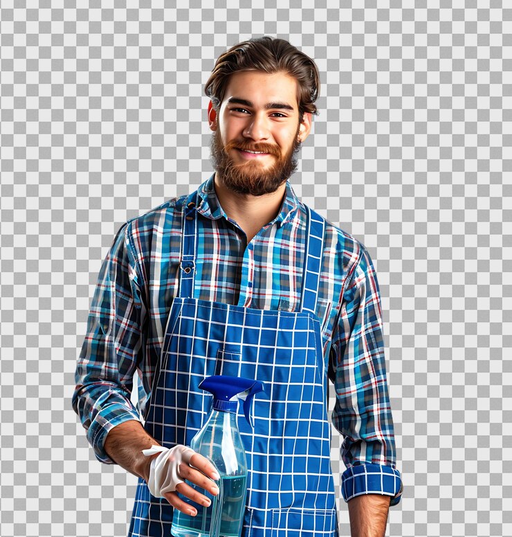 PSD joven con delantal concepto de limpieza en un fondo transparente