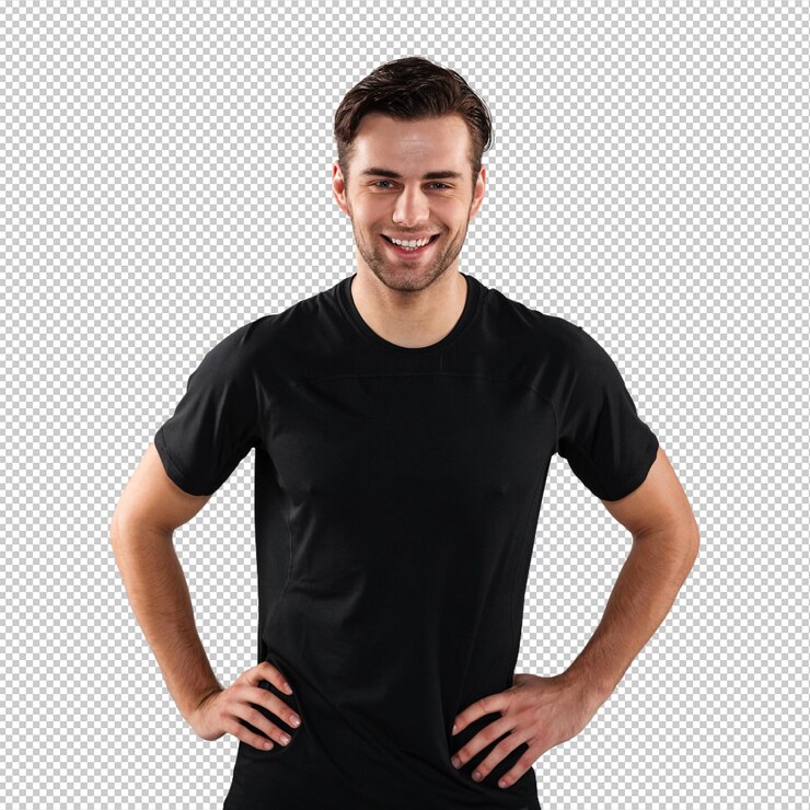 PSD joven deportista feliz posando aislado sobre una pared gris