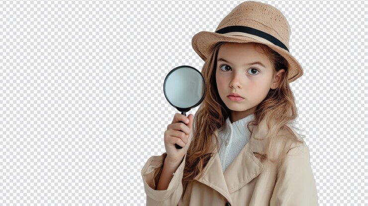 PSD una joven detective vestida con un abrigo de trinchera analizando pistas con una lupa perfecta para temas de misterio y contenido educativo