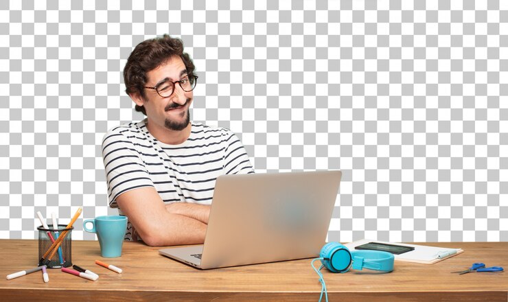 PSD joven diseñador gráfico de hombre barbudo. concepto de ojo guiño