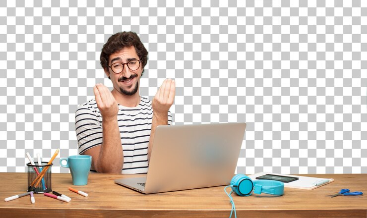 PSD joven diseñador gráfico hombre barbudo. letrero italiano capisci
