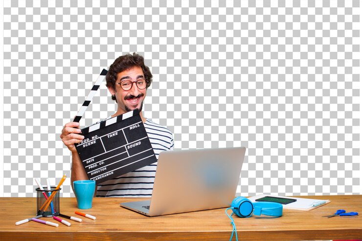 PSD joven diseñador gráfico loco en un escritorio con una computadora portátil y con una claqueta de cine