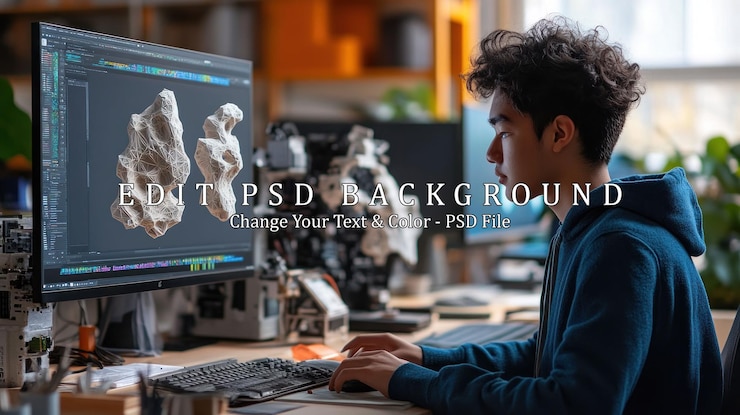 PSD joven diseñador trabajando en un modelo 3d en una computadora