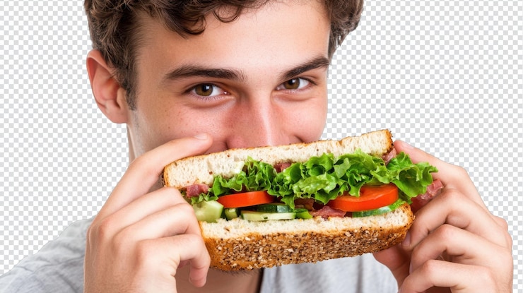 PSD un joven disfrutando de un delicioso sándwich de verduras perfecto para una alimentación saludable y inspiración para el almuerzo