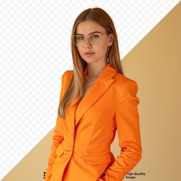 PSD joven, divertida, empleada exitosa, mujer de negocios, abogada corporativa de 30 años, use gafas de traje naranja formal clásico, trabaje en la oficina, mire a un lado en el área del espacio de trabajo, simulacro, aislado en una ba aislada de color beige liso