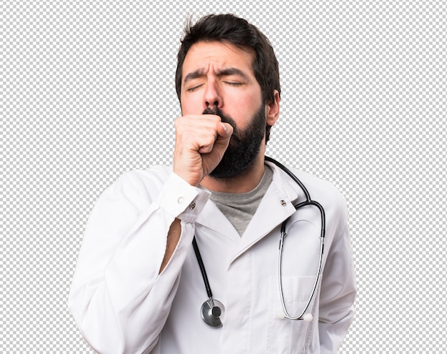 Joven doctor tosiendo mucho