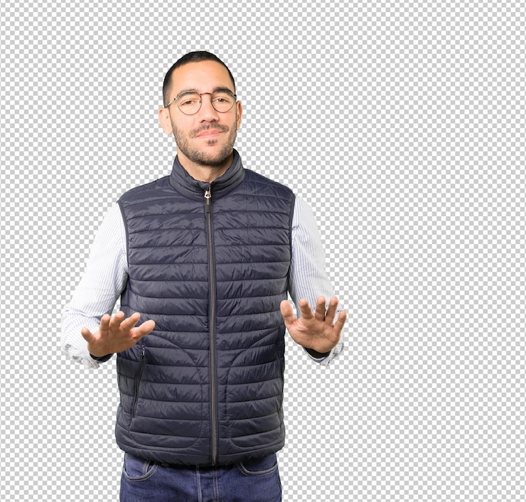 PSD joven dudoso haciendo un gesto de mantener la calma