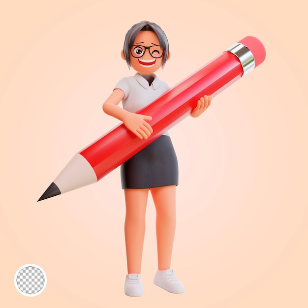 PSD joven empresaria sosteniendo lápiz ilustración de dibujos animados en 3d