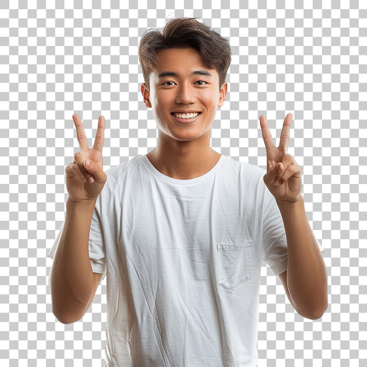 PSD un joven está sonriendo y levantando las manos en señal de paz