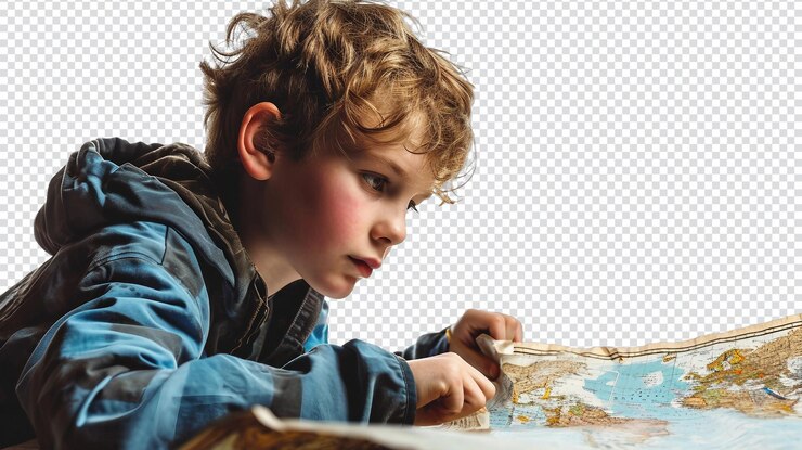 PSD un joven estadounidense explora un mapa con fines educativos