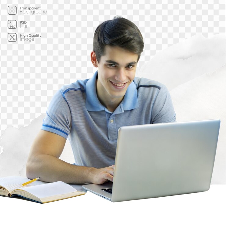 PSD un joven estudiando con una computadora portátil y un cuaderno