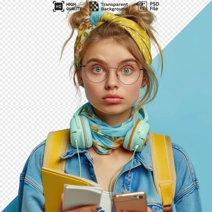 PSD joven estudiante ansiosa con gafas bandana y auriculares alrededor del cuello sosteniendo blocs de notas